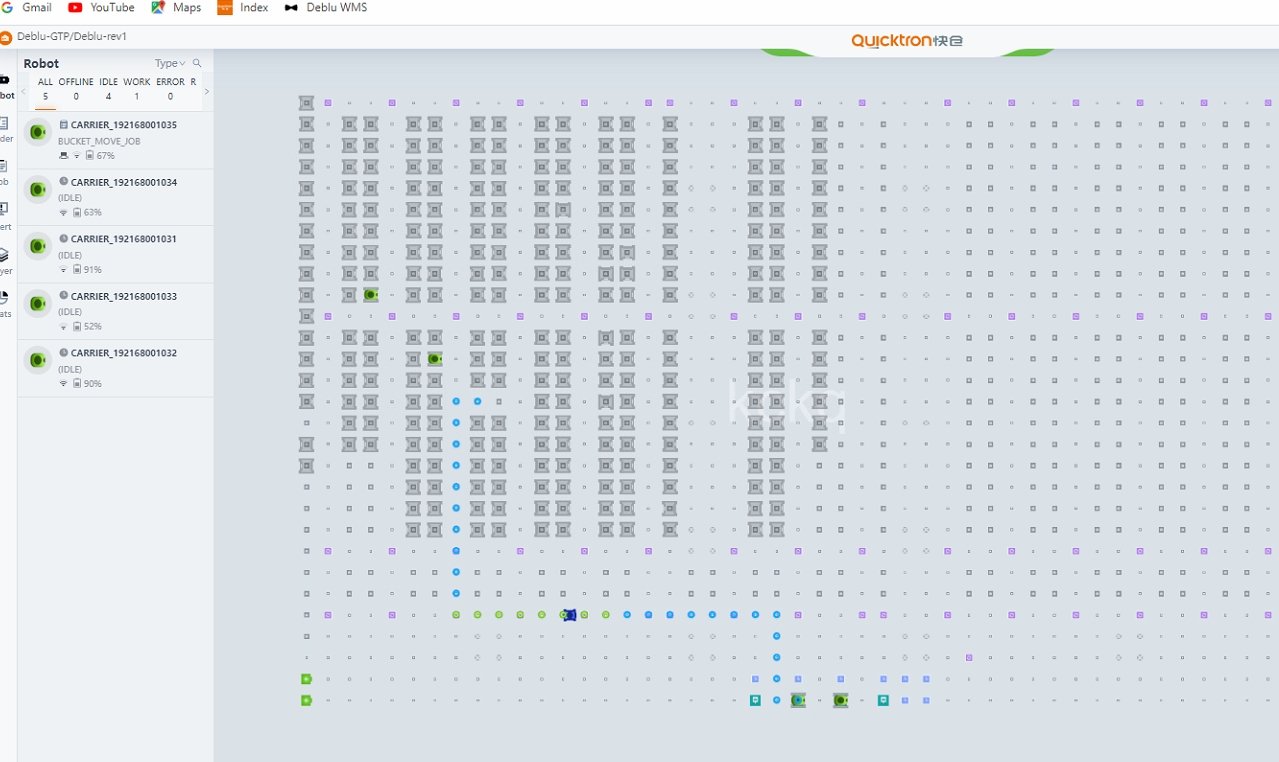 Quicktron AGV fleet dashboard — 5 carriers live on the floor map.