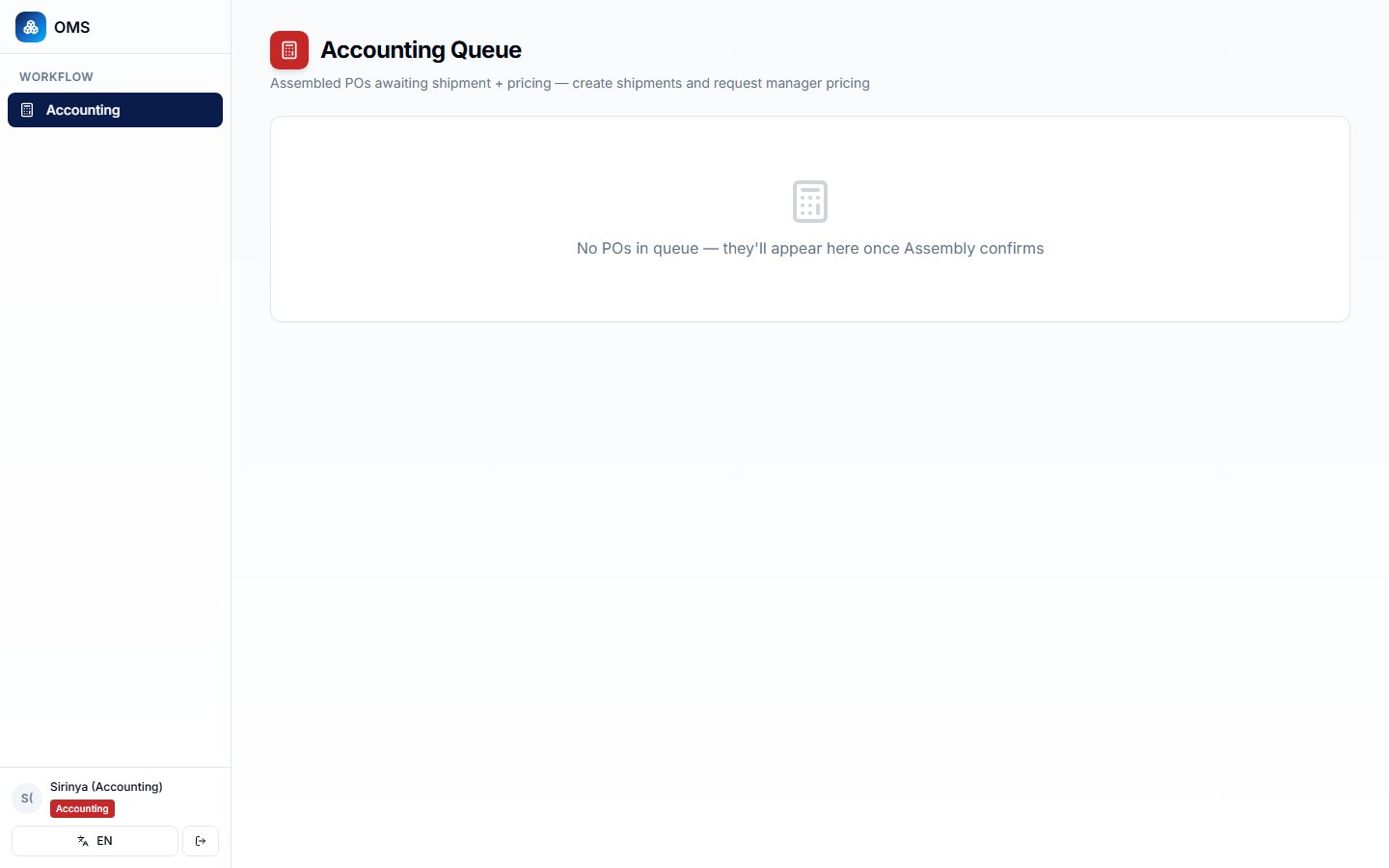 Accounting Queue — create shipment + send for pricing