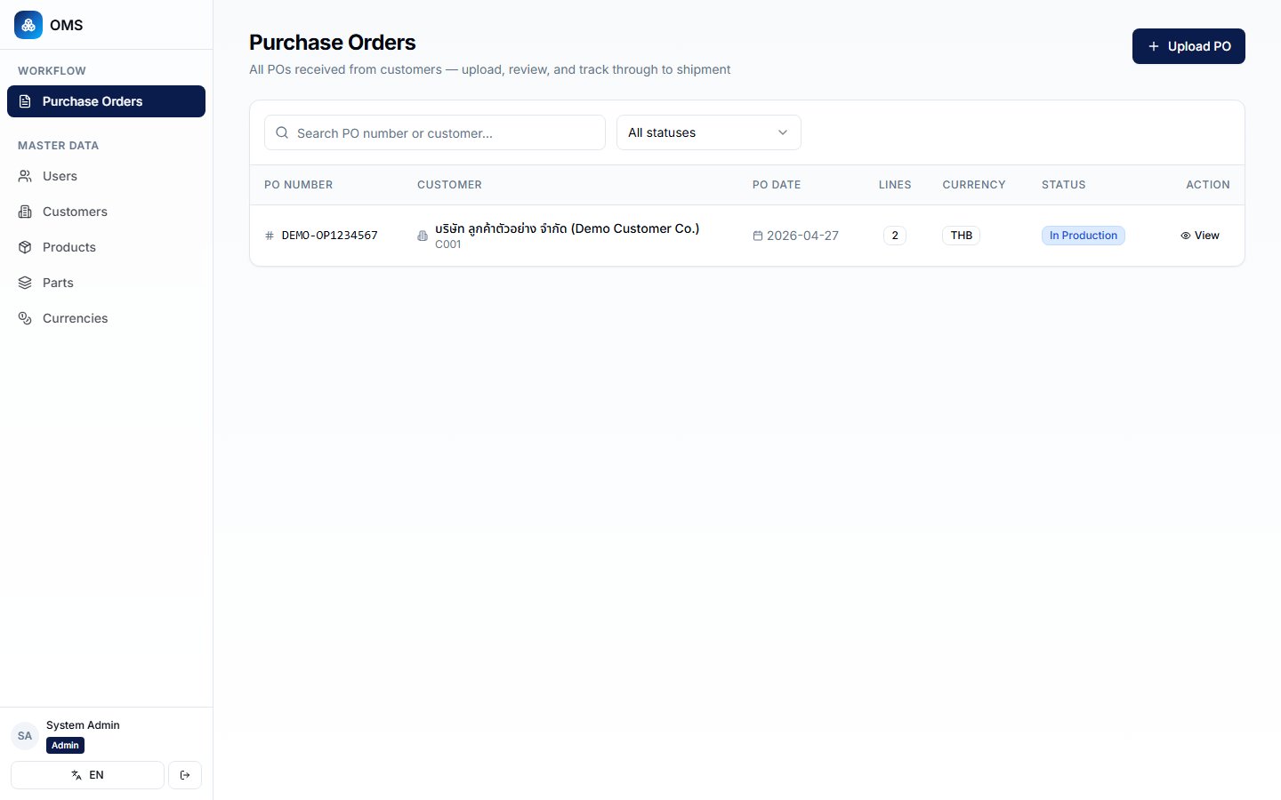 BOM explosion — splits PO into department tasks