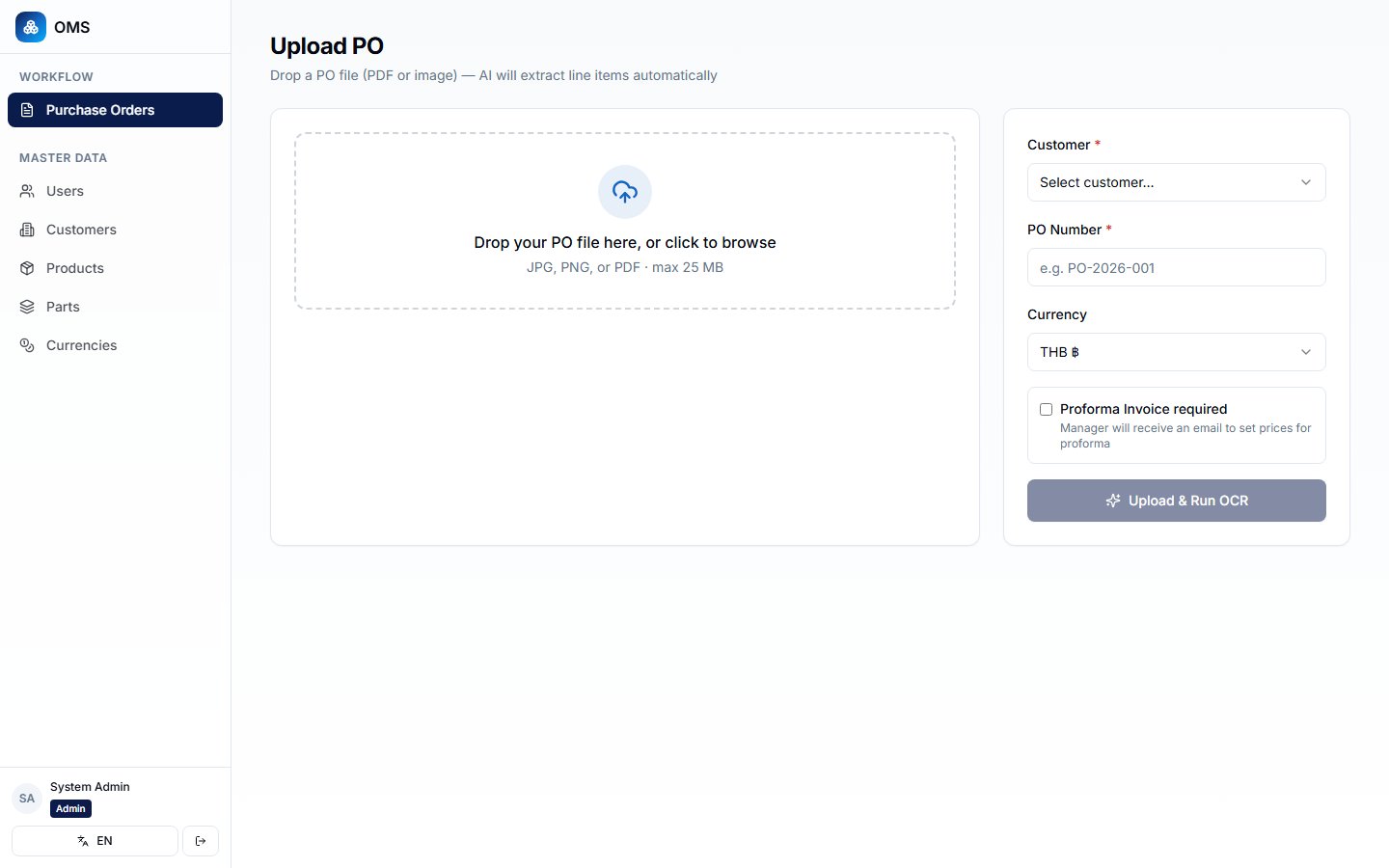 PO Upload + AI OCR — drag PDF/JPG → Qwen2.5-VL reads it