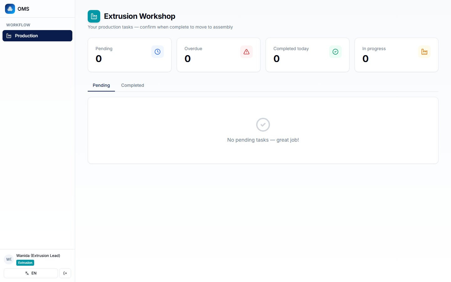 Extrusion Workshop — KPI cards + confirm / un-confirm
