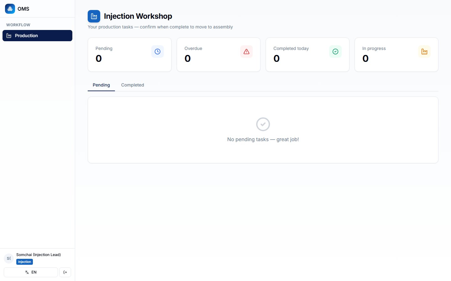 Injection Workshop — only own tasks + Common Part badge