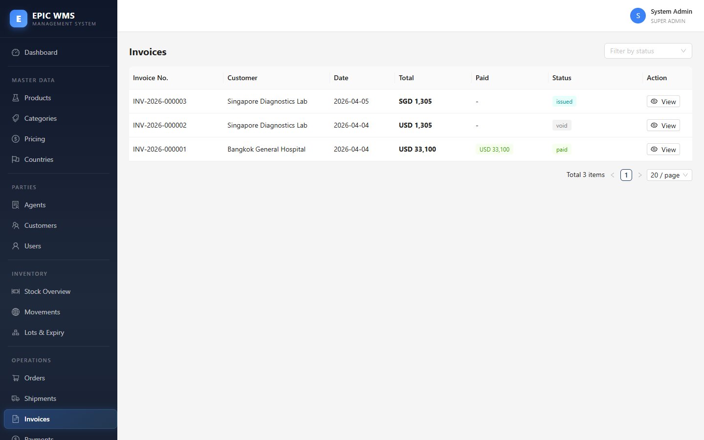 Invoices — auto-linked to payments + commissions